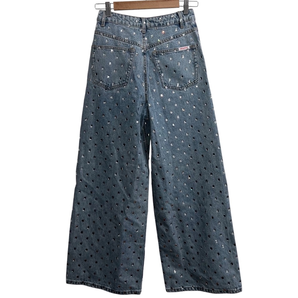 Self Portrait Square Rhinestone Wide Leg Denim Jeans - Picture 10 of 16